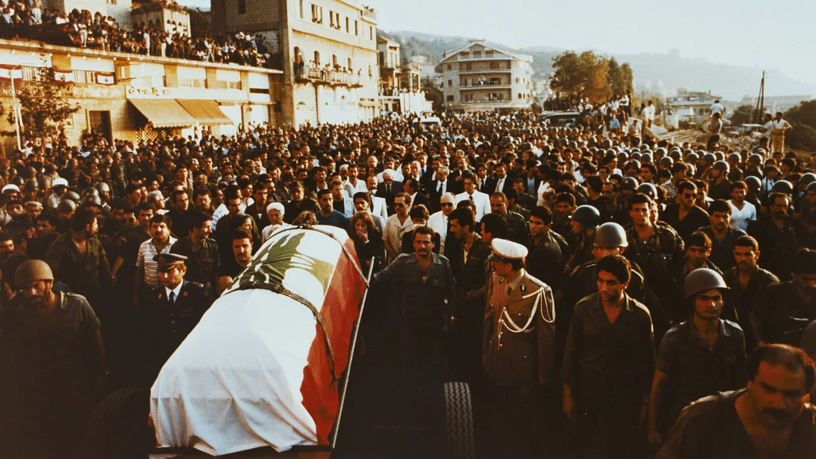The funeral of Bachir Gemayel, a Maronite Christian and member of the Falange party. Elected president of Lebanon, but he died in a bomb attack on September 14 before taking the oath of office.